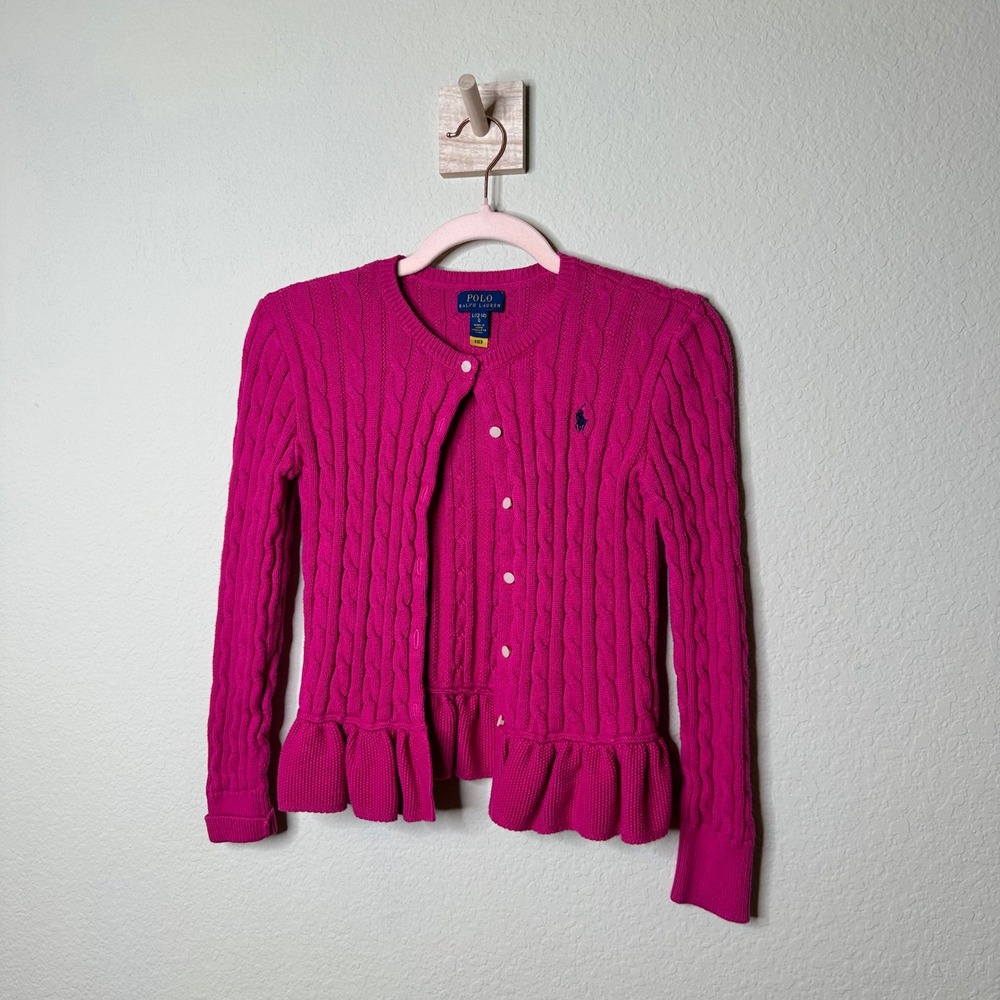 Polo Ralph Lauren Girls Magenta Pink Cable Knit Peplum Cardigan Sweater L 12-14